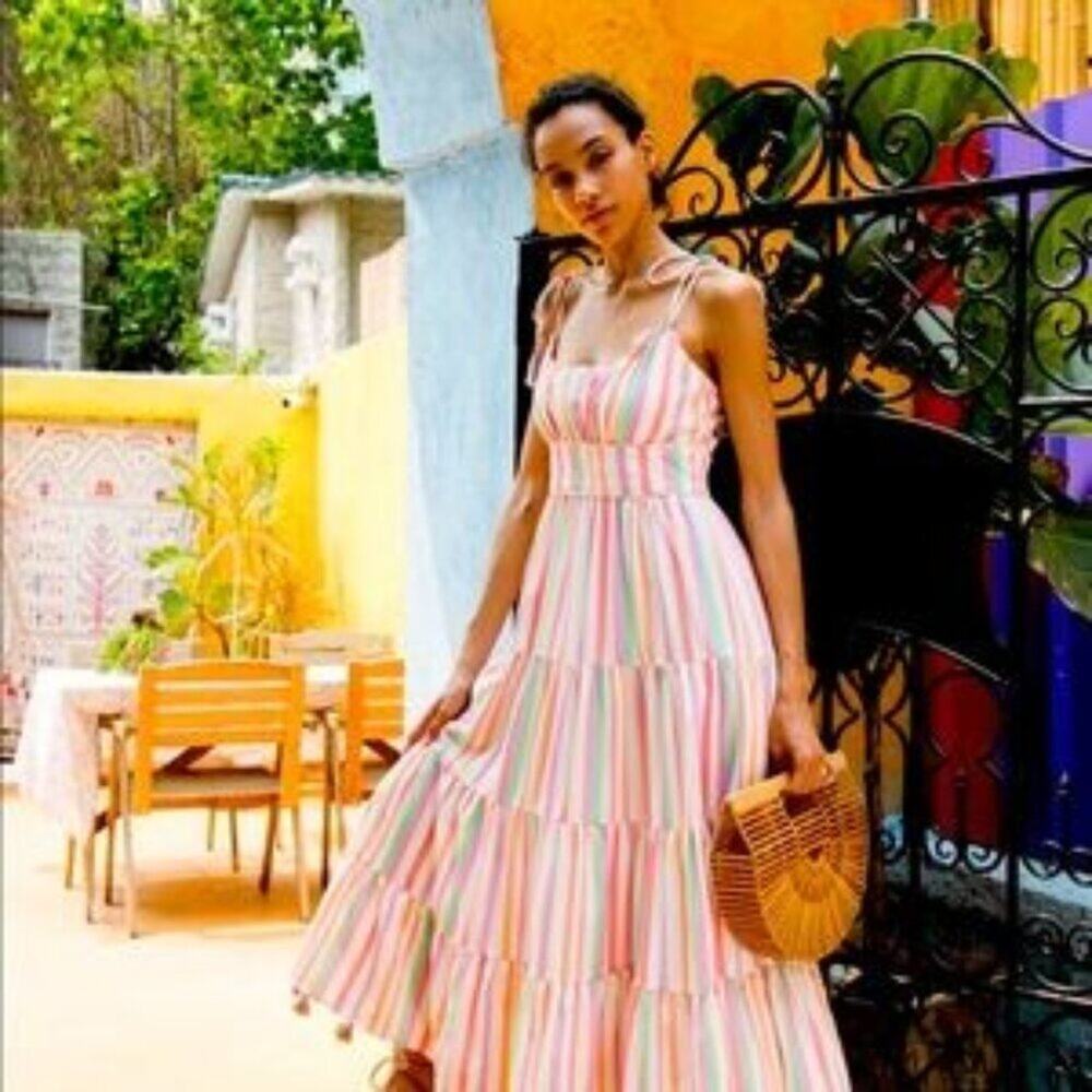 Chicwish Women's Rainbow Candies Stripes Cami Maxi Dress Vacation Beach Size L